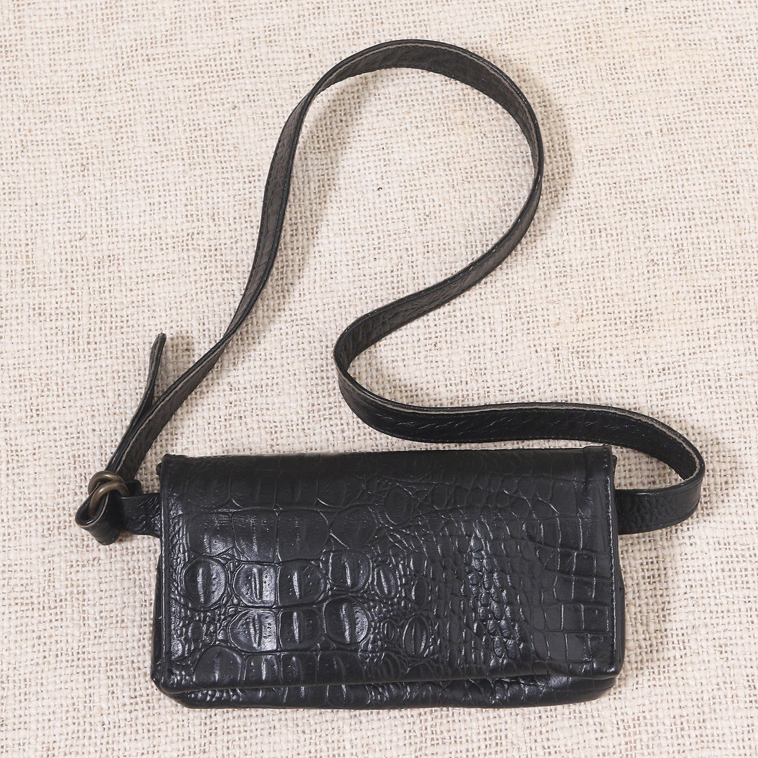 Hand Made Leather Crocodile Texture Waist Bag - Cool Carrier in Black Croco
