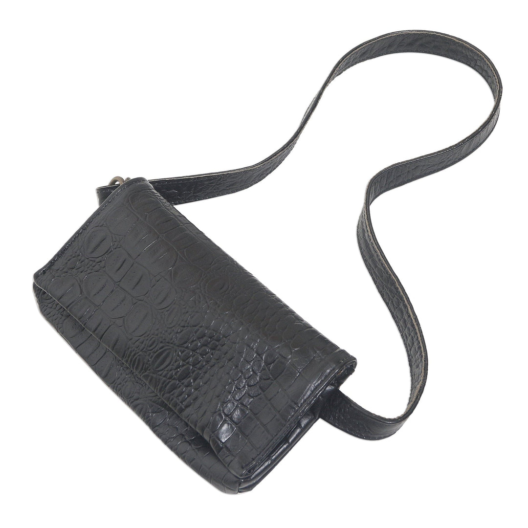 Hand Made Leather Crocodile Texture Waist Bag - Cool Carrier in Black Croco