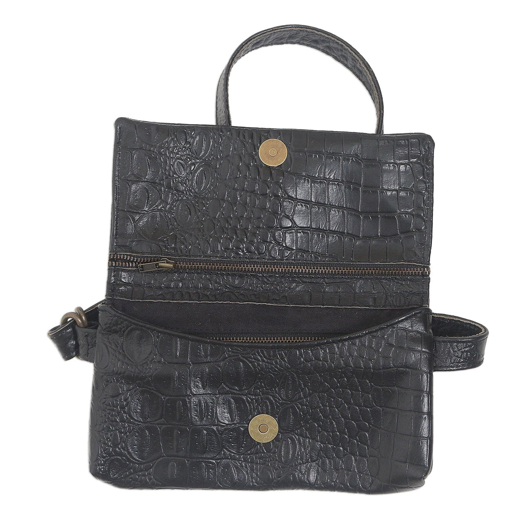 Hand Made Leather Crocodile Texture Waist Bag - Cool Carrier in Black Croco