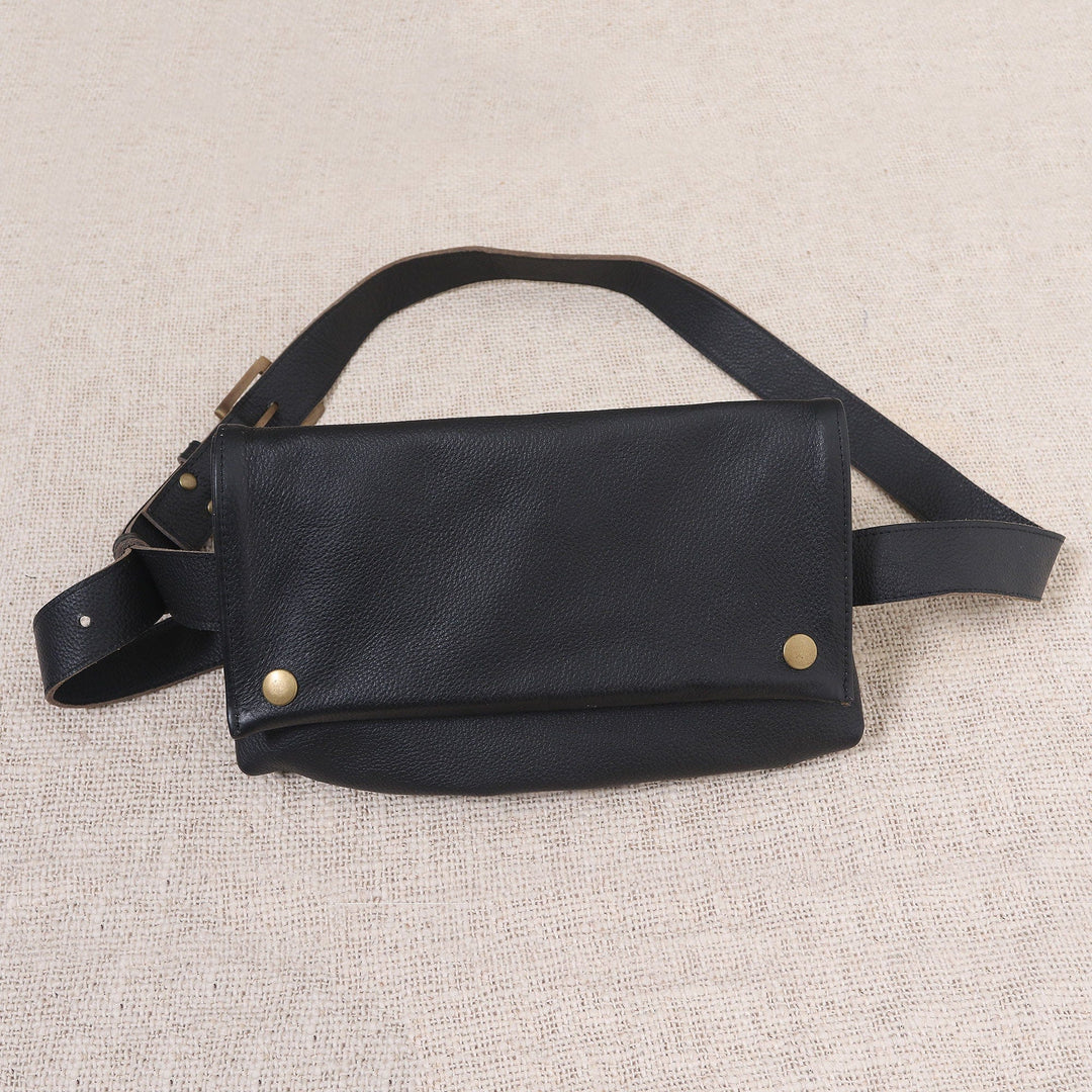 Handmade Black Leather Waist Bag - Cool Carrier in Black