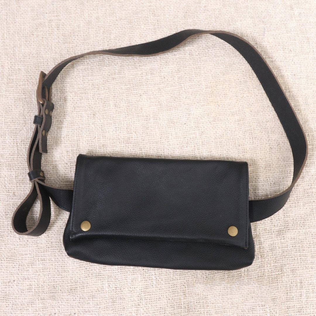 Handmade Black Leather Waist Bag - Cool Carrier in Black