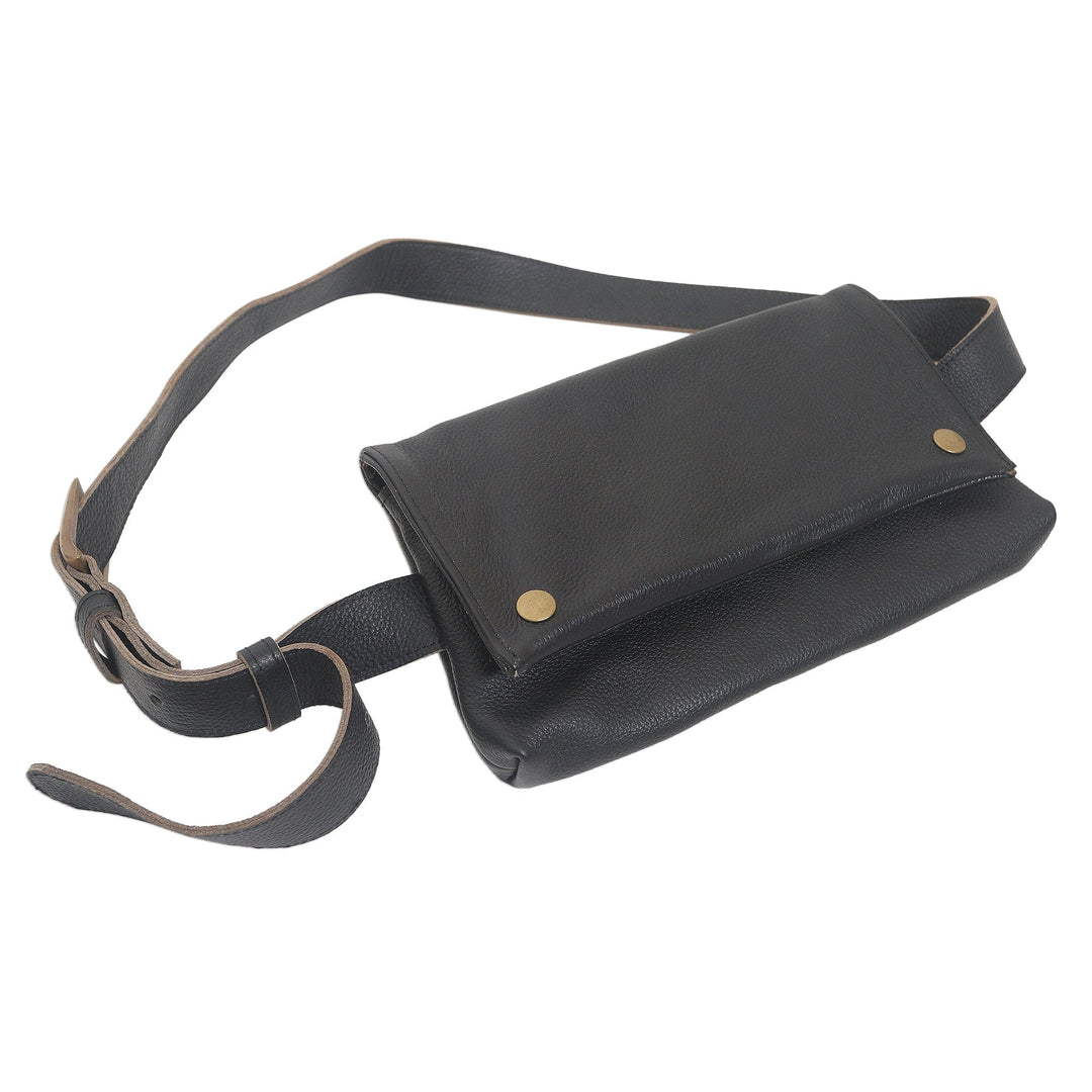 Handmade Black Leather Waist Bag - Cool Carrier in Black
