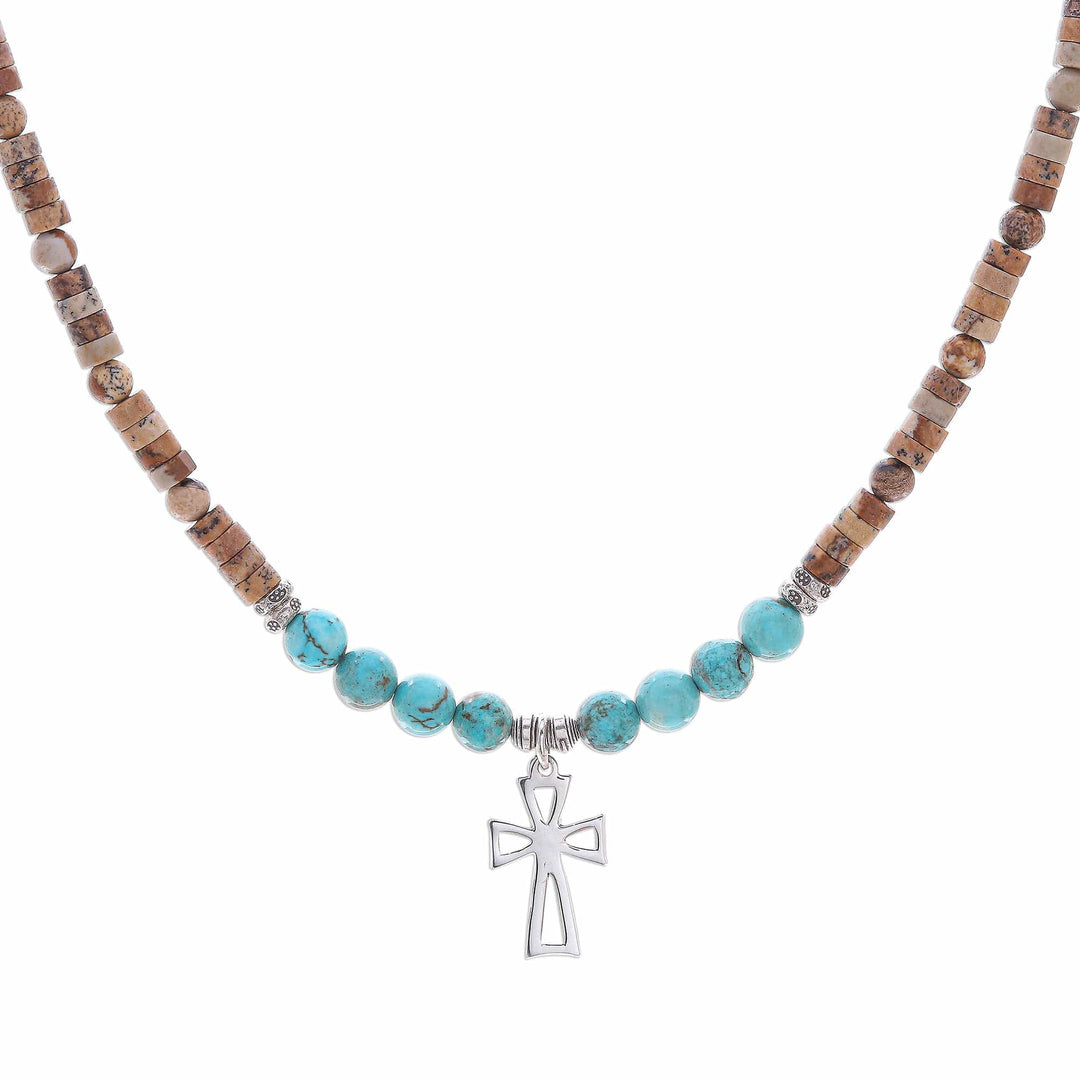 Multi-Gemstone Beaded Cross Pendant Necklace - Earthy Cross