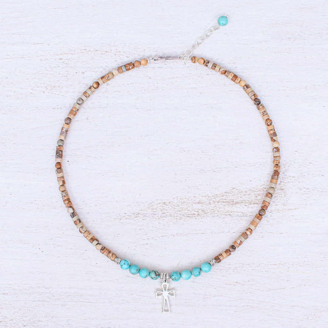 Multi-Gemstone Beaded Cross Pendant Necklace - Earthy Cross