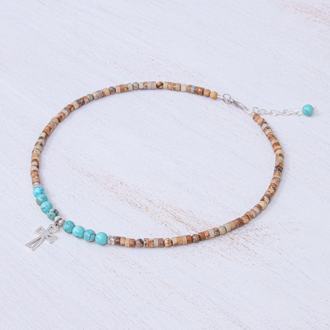 Multi-Gemstone Beaded Cross Pendant Necklace - Earthy Cross
