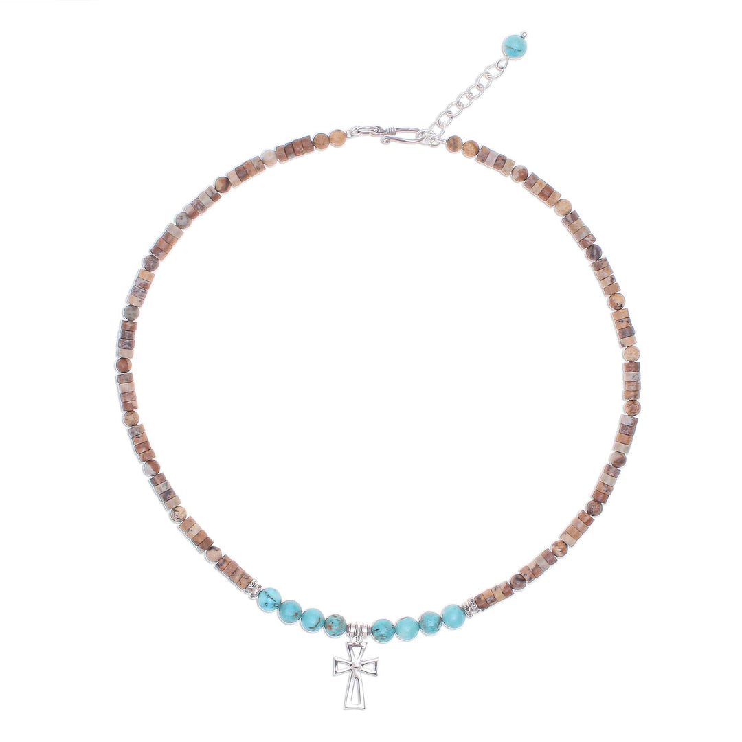 Multi-Gemstone Beaded Cross Pendant Necklace - Earthy Cross
