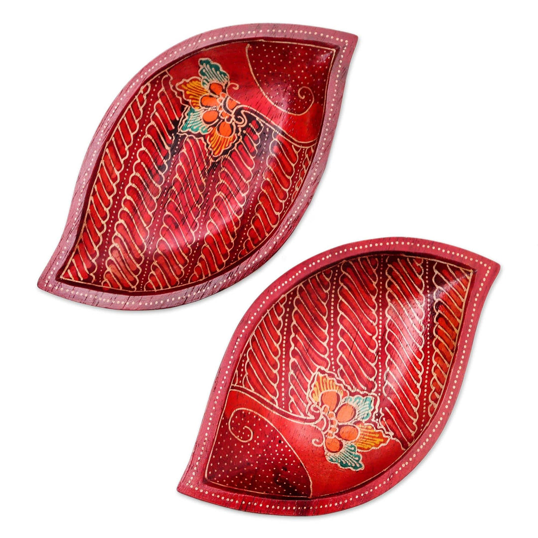 2 Hand Painted Batik Leaf-Shaped Wood Bowls - Java Leaf