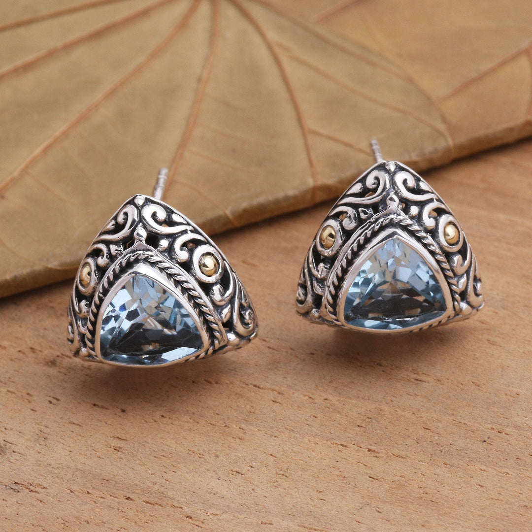 Triangular Bezel Set Blue Topaz Button Earrings - Pyramid Power in Blue