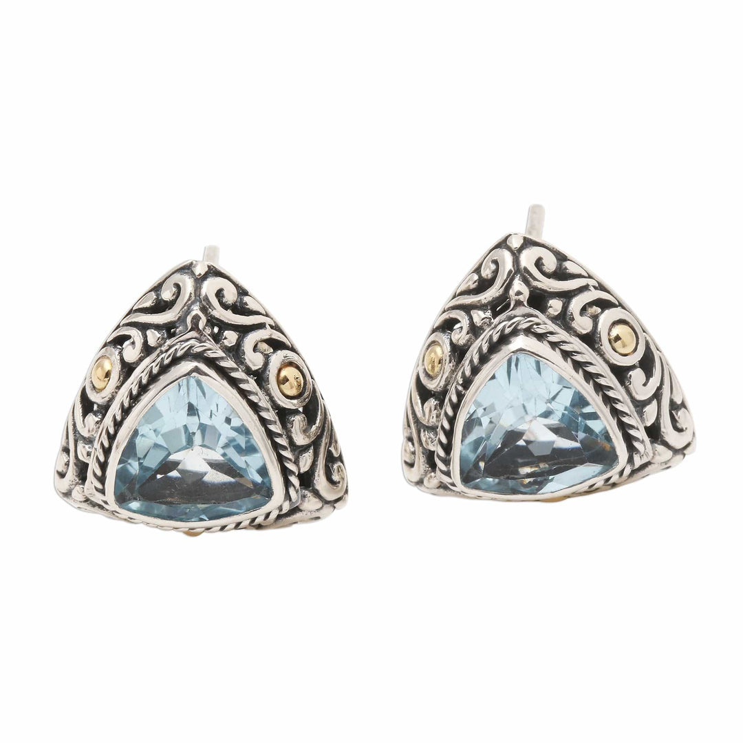 Triangular Bezel Set Blue Topaz Button Earrings - Pyramid Power in Blue