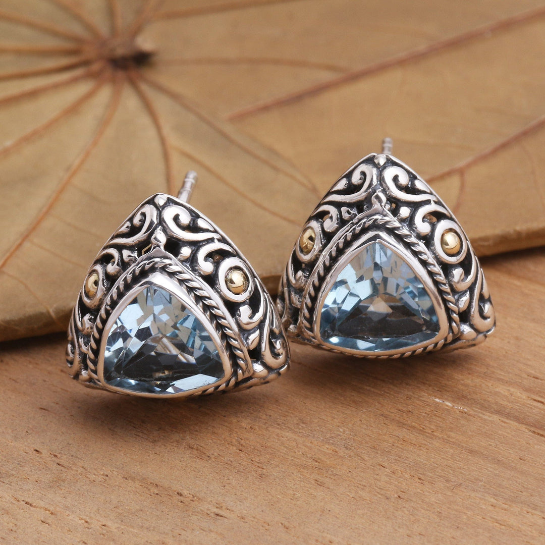 Triangular Bezel Set Blue Topaz Button Earrings - Pyramid Power in Blue