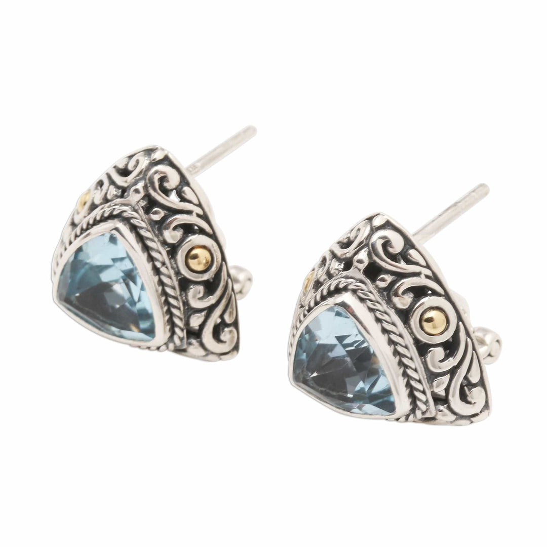 Triangular Bezel Set Blue Topaz Button Earrings - Pyramid Power in Blue