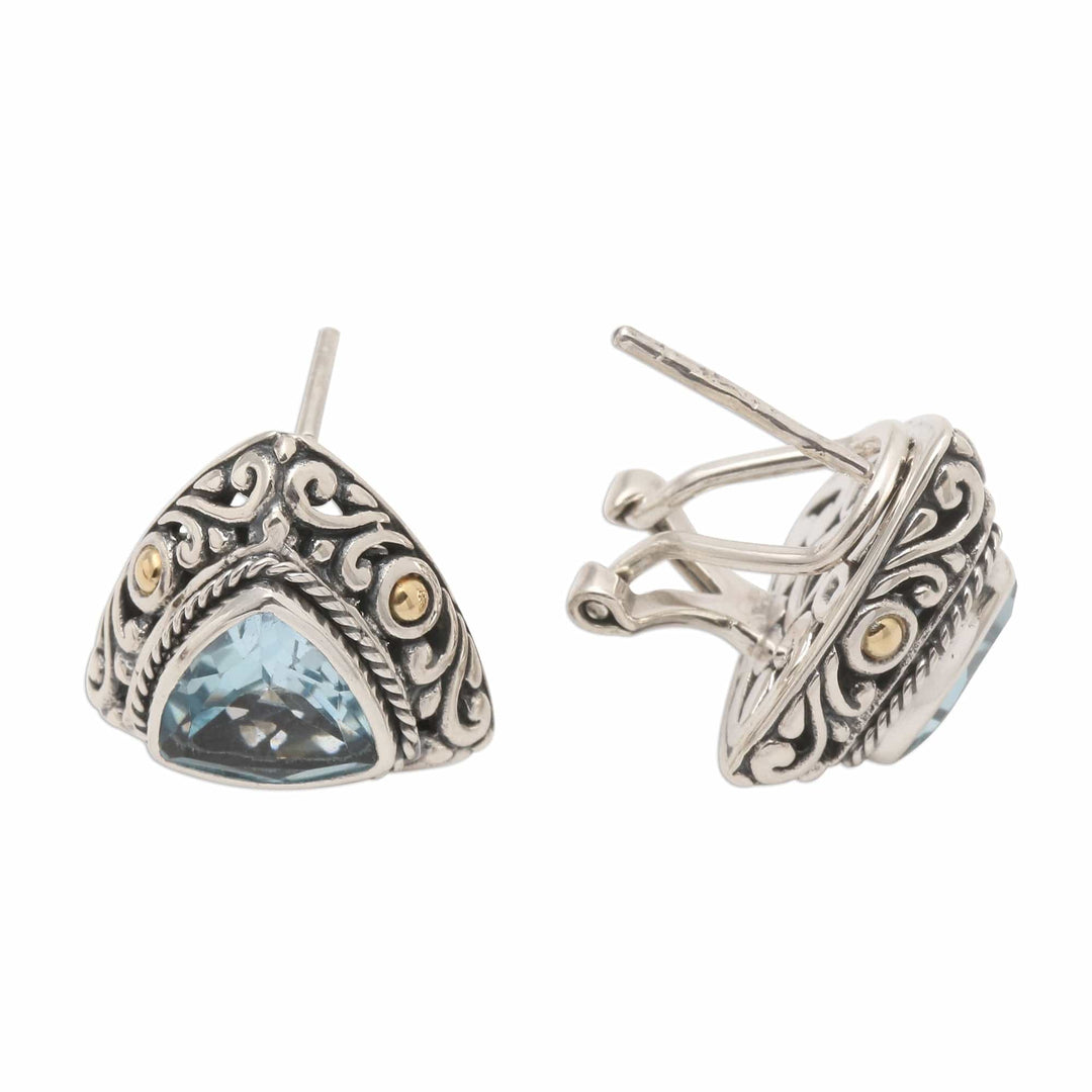 Triangular Bezel Set Blue Topaz Button Earrings - Pyramid Power in Blue
