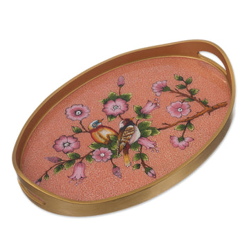 Reverse Painted Glass and Wood Tray - Birds of a Feather in Rose