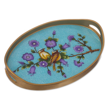 Bird and Flower Motif Reverse-Painted Glass Tray - Birds of a Feather in Blue