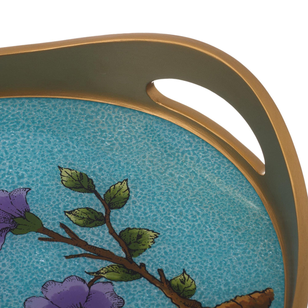 Bird and Flower Motif Reverse-Painted Glass Tray - Birds of a Feather in Blue