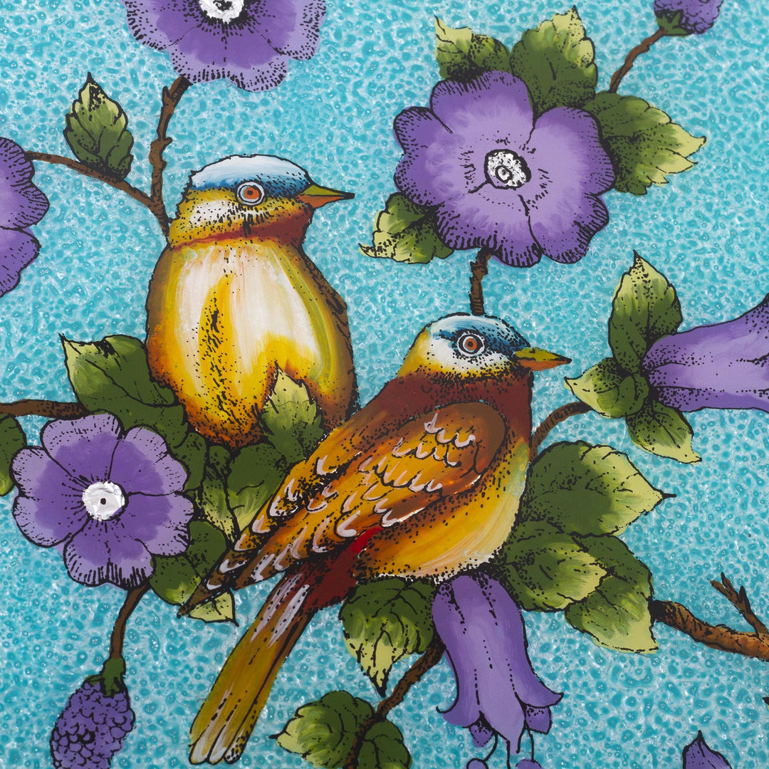 Bird and Flower Motif Reverse-Painted Glass Tray - Birds of a Feather in Blue