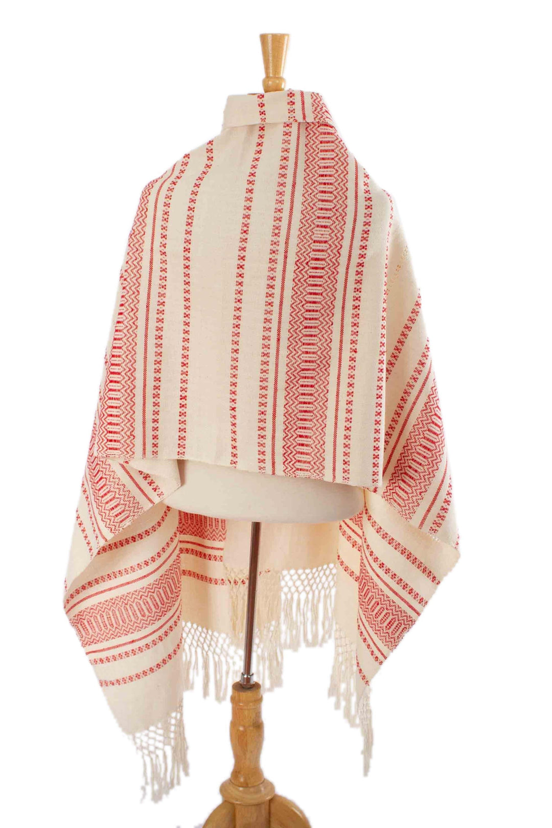 Hand Woven Off-White and Red Rebozo Shawl - Oaxacan Rhythm in Red