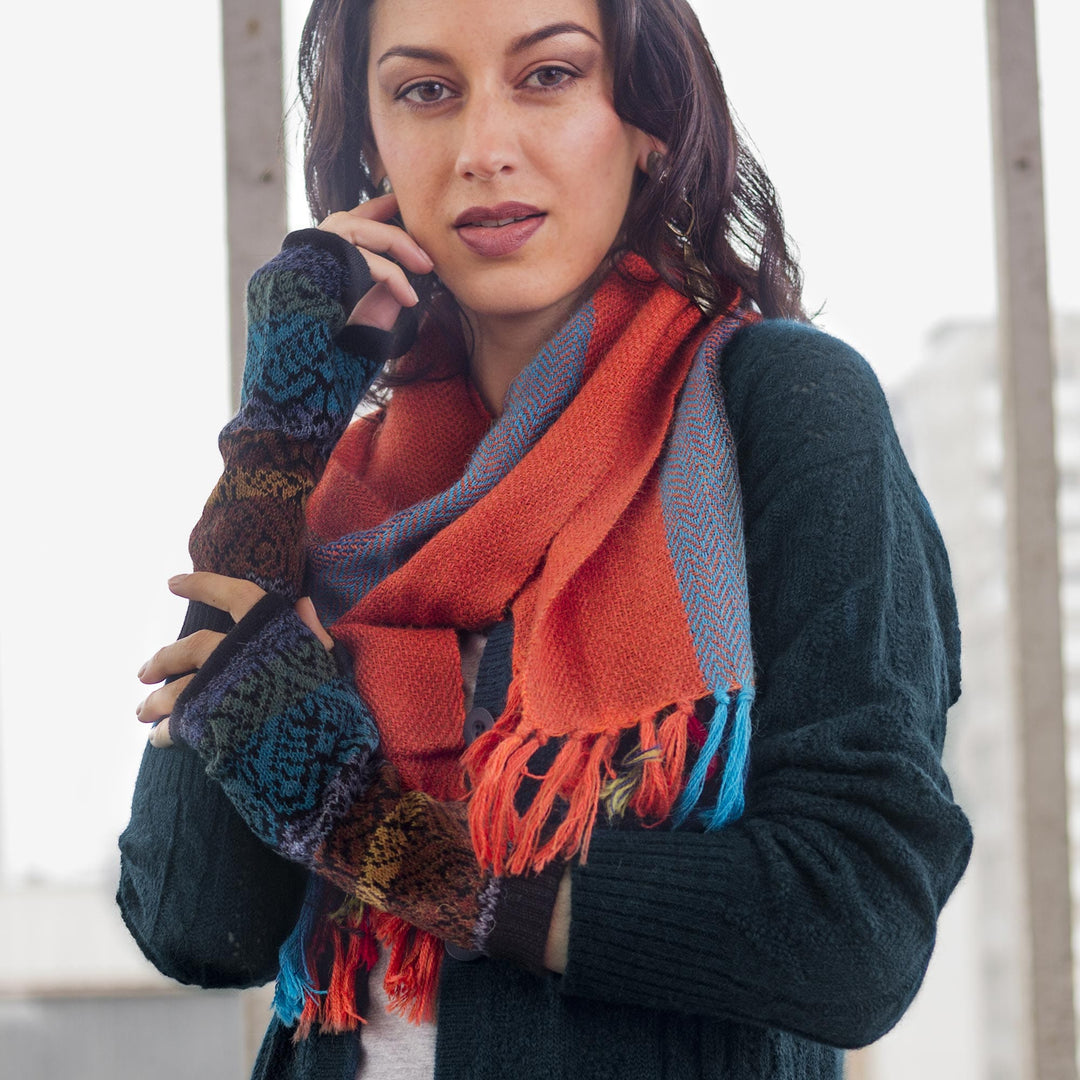Inca Inspired Alpaca Knit Fingerless Mitts - Earth and Sky