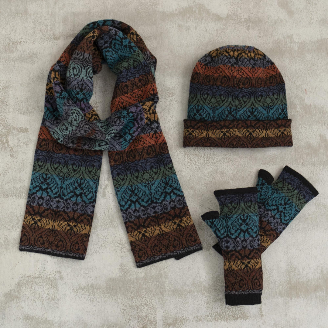 Inca Inspired Alpaca Knit Fingerless Mitts - Earth and Sky
