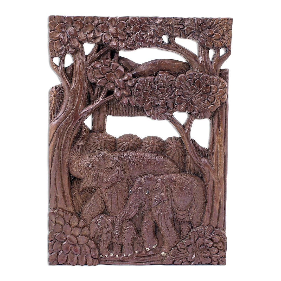 Hand Made Teak Wood Elephant Relief Panel - Joyful Family