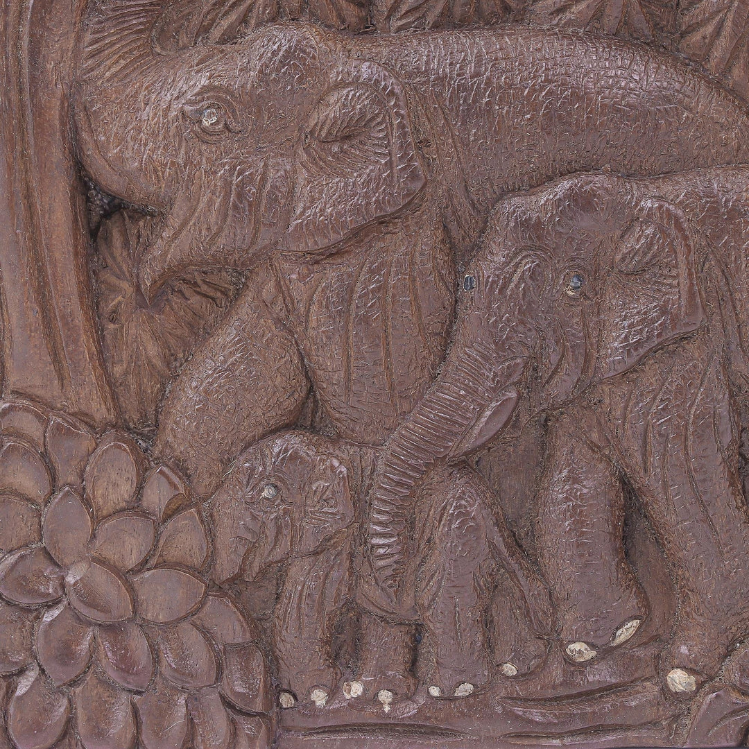 Hand Made Teak Wood Elephant Relief Panel - Joyful Family