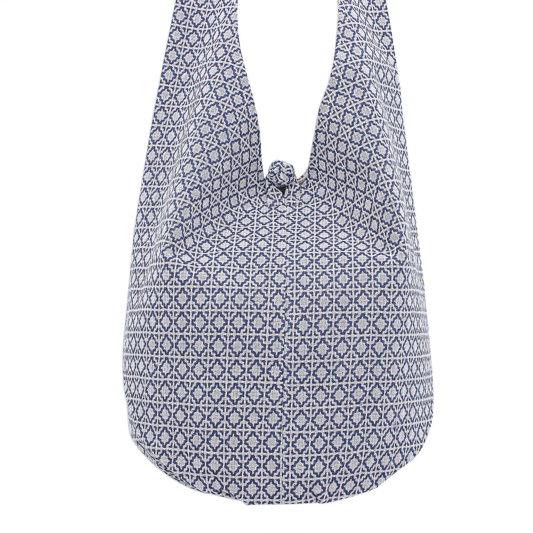 Blue and White Cotton Hobo Handbag - Sweet Thai