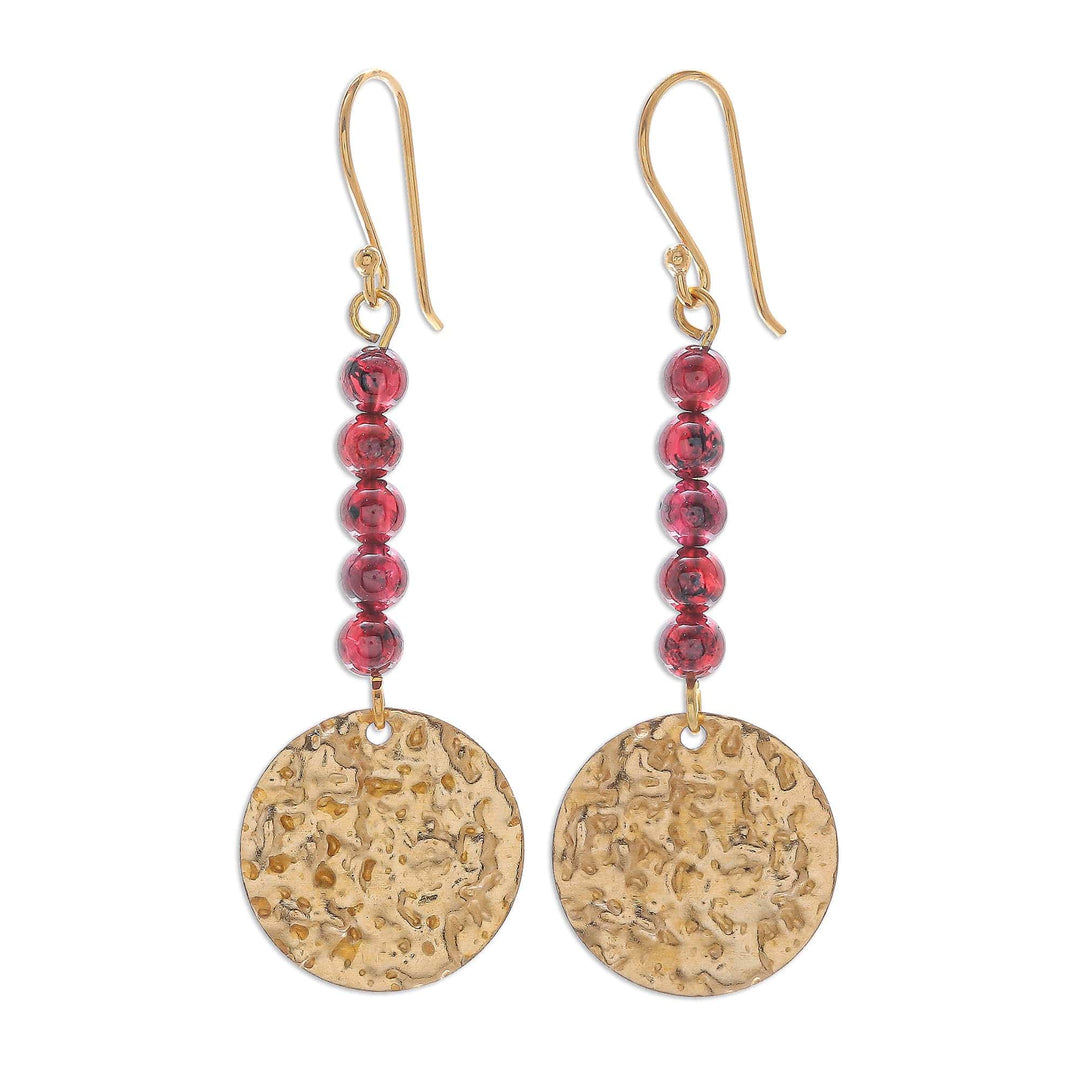 Natural Garnet Bead and Brass Coin Dangle Earrings - Golden Coin in Red