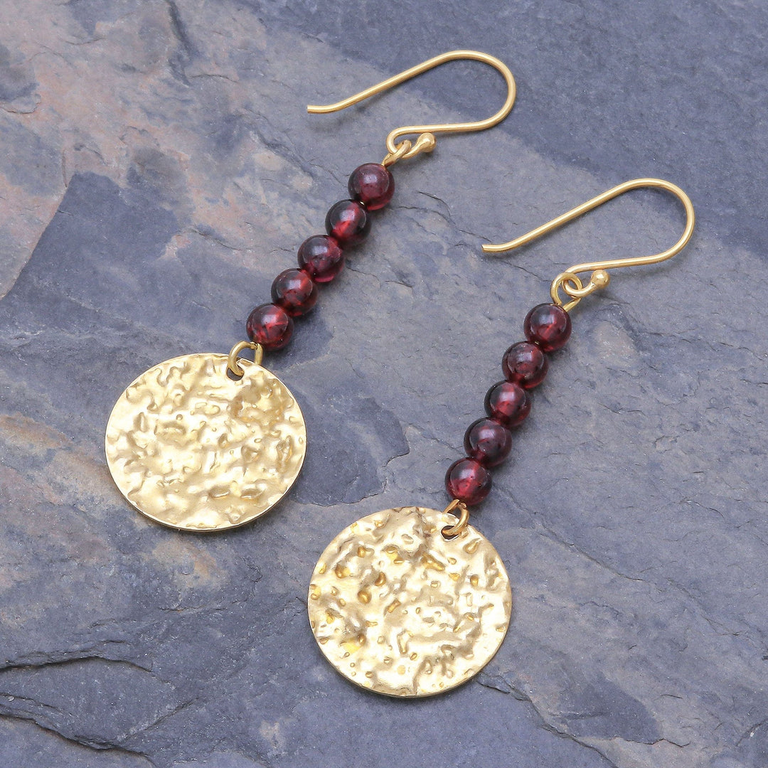 Natural Garnet Bead and Brass Coin Dangle Earrings - Golden Coin in Red