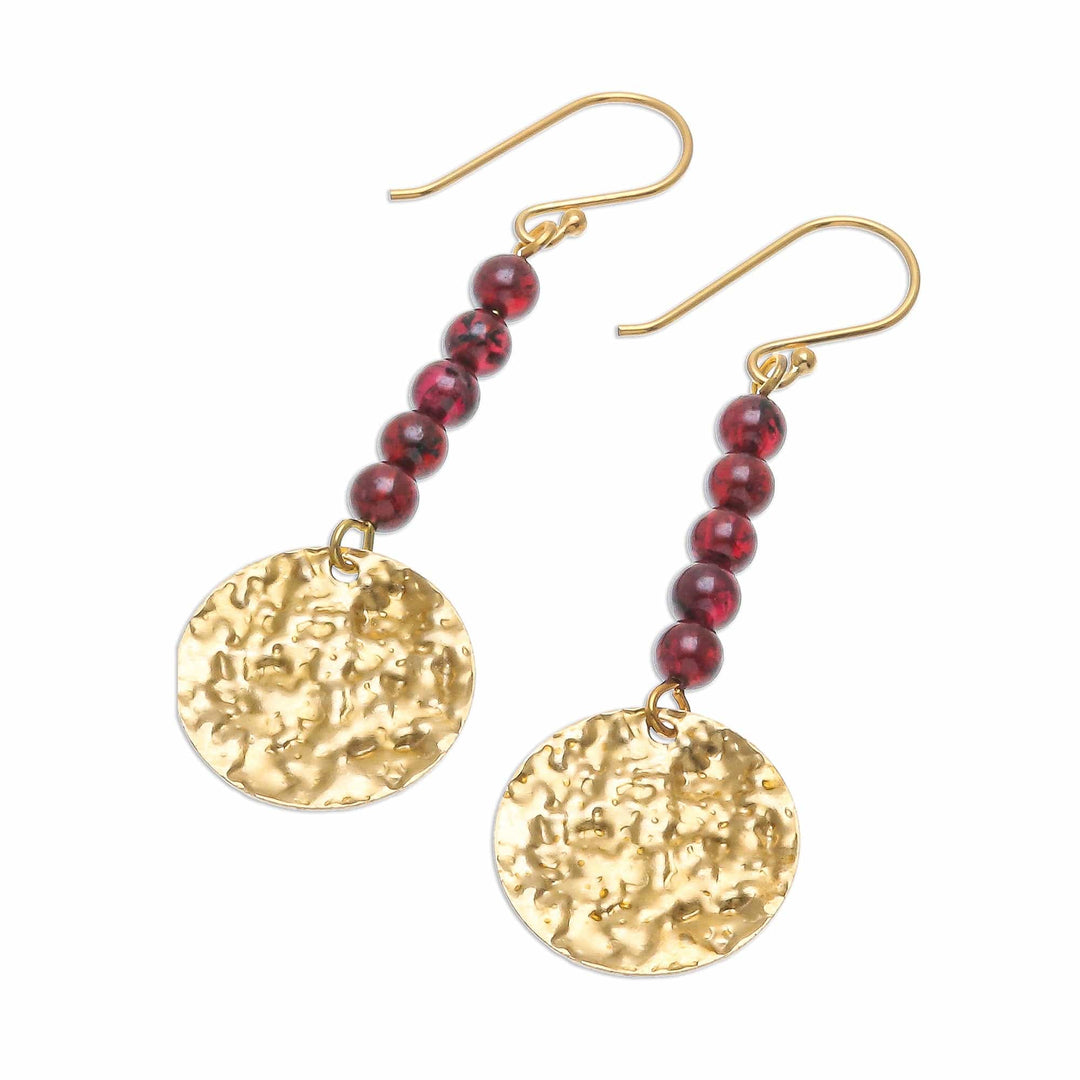 Natural Garnet Bead and Brass Coin Dangle Earrings - Golden Coin in Red