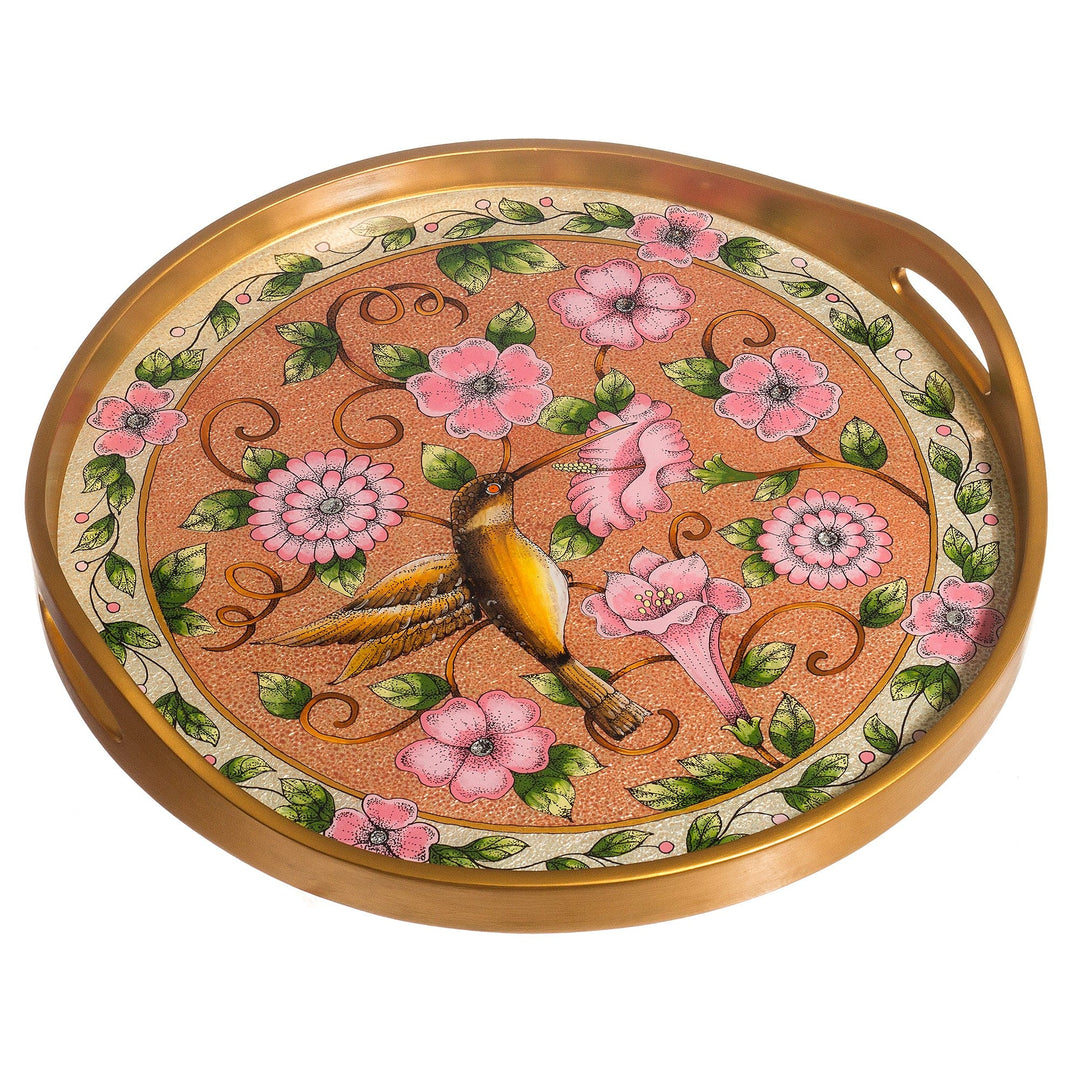 Hummingbird Motif Reverse-Painted Glass Tray - Highland Hummingbird in Rose