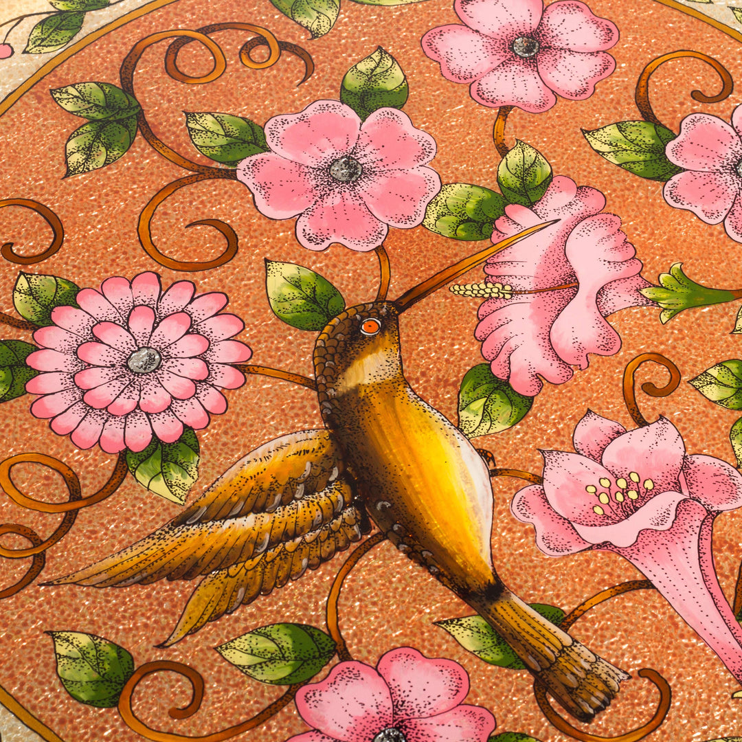 Hummingbird Motif Reverse-Painted Glass Tray - Highland Hummingbird in Rose
