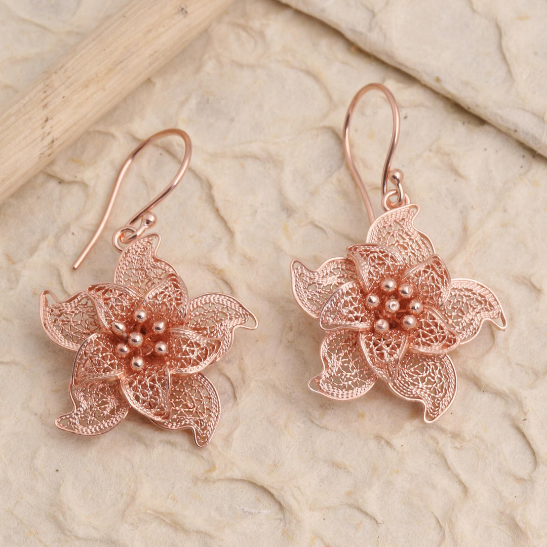 Hand Crafted Rose Gold Plated Flower Dangle Earrings - Star Flower Gazing