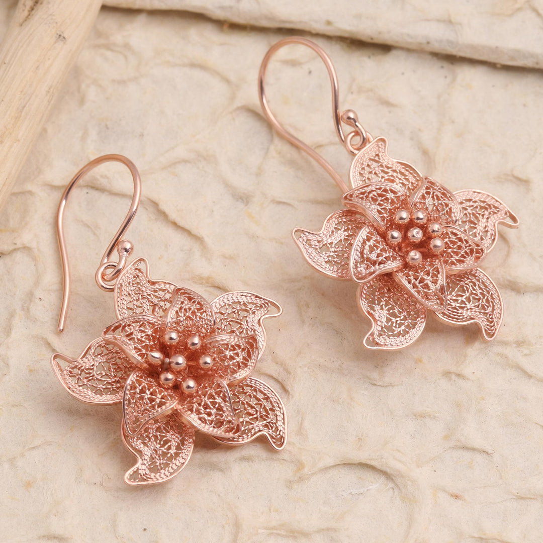 Hand Crafted Rose Gold Plated Flower Dangle Earrings - Star Flower Gazing