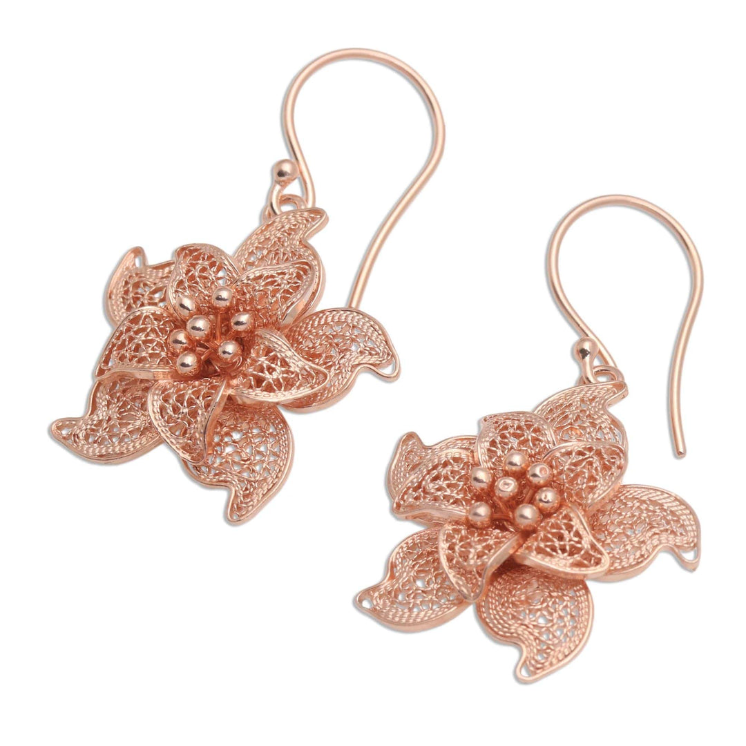 Hand Crafted Rose Gold Plated Flower Dangle Earrings - Star Flower Gazing