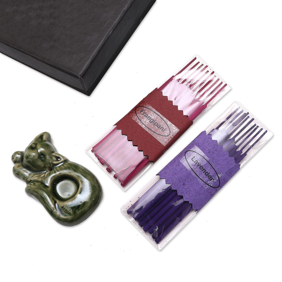 Aromatherapy Set with Ceramic Cat Incense Holder - Relaxed Cat