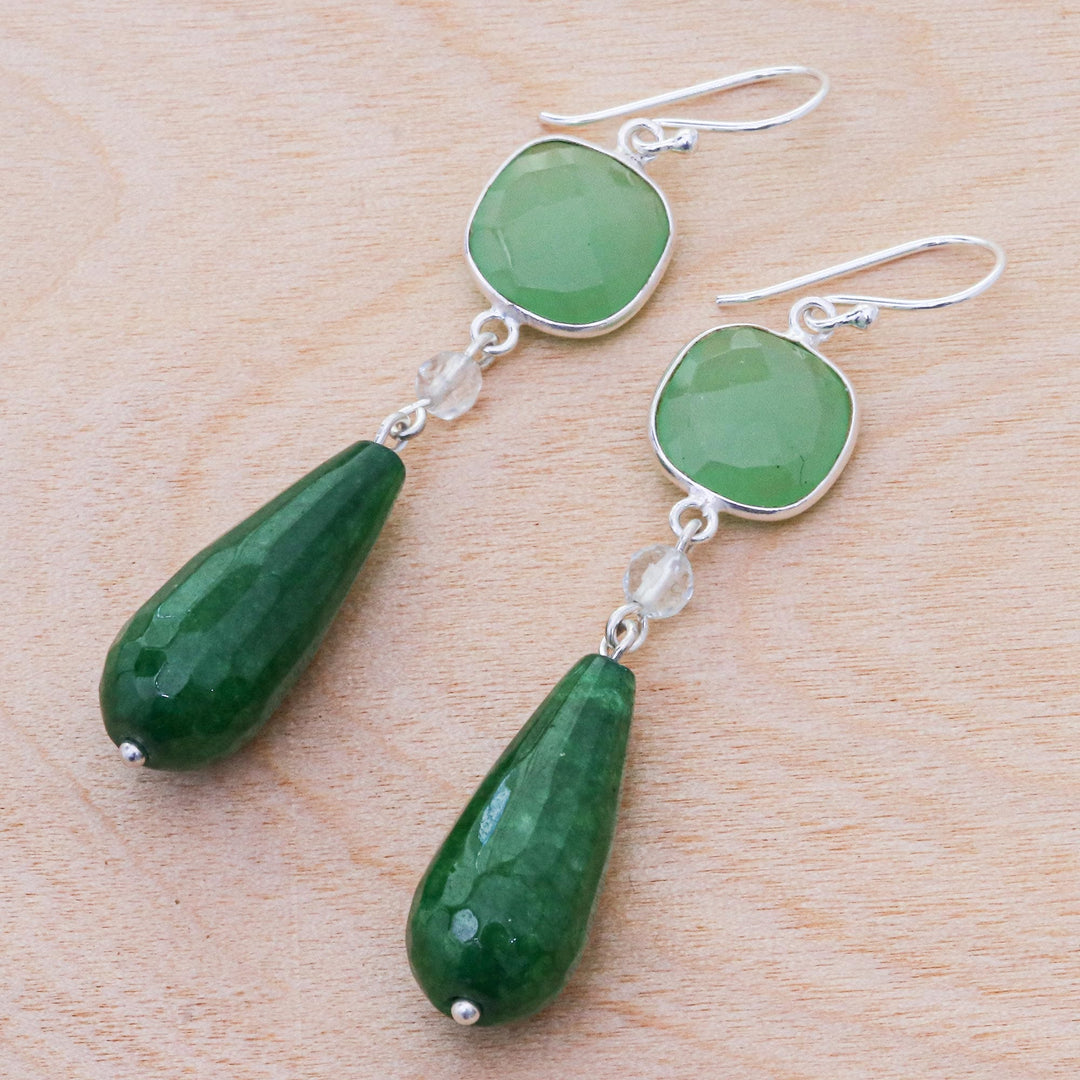 Green Chalcedony and Quartz Dangle Earrings - Easy Being Green