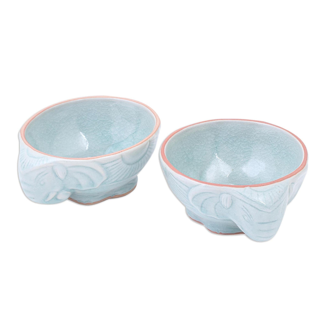 Aqua Elephant Motif Celadon Bowls (Pair) - Elephant Companion in Aqua