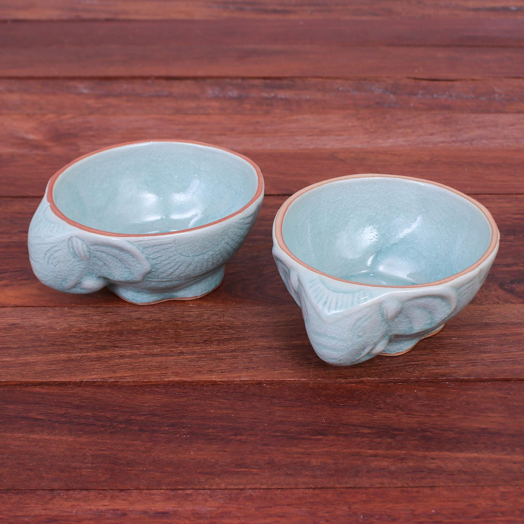 Aqua Elephant Motif Celadon Bowls (Pair) - Elephant Companion in Aqua