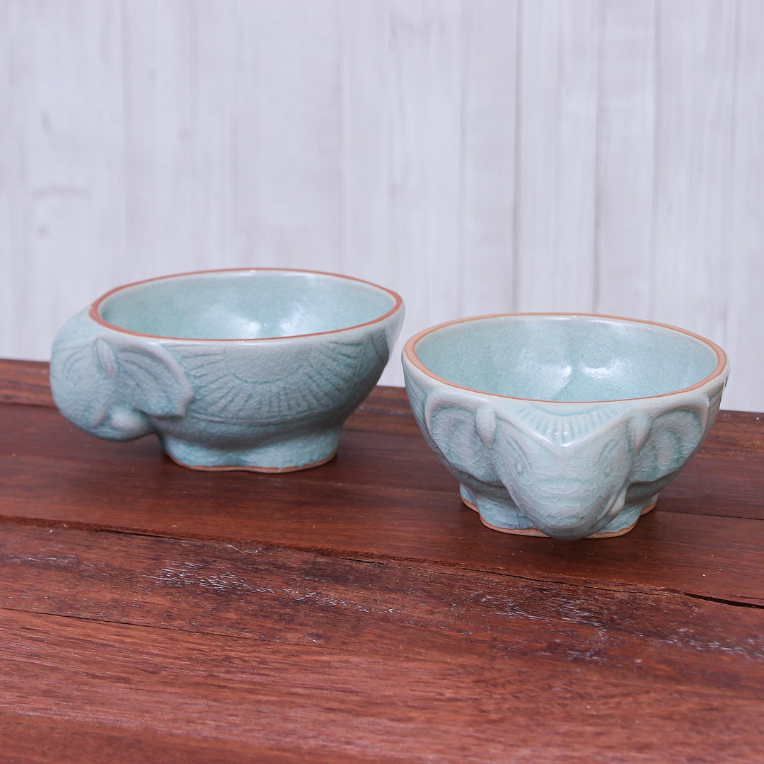 Aqua Elephant Motif Celadon Bowls (Pair) - Elephant Companion in Aqua