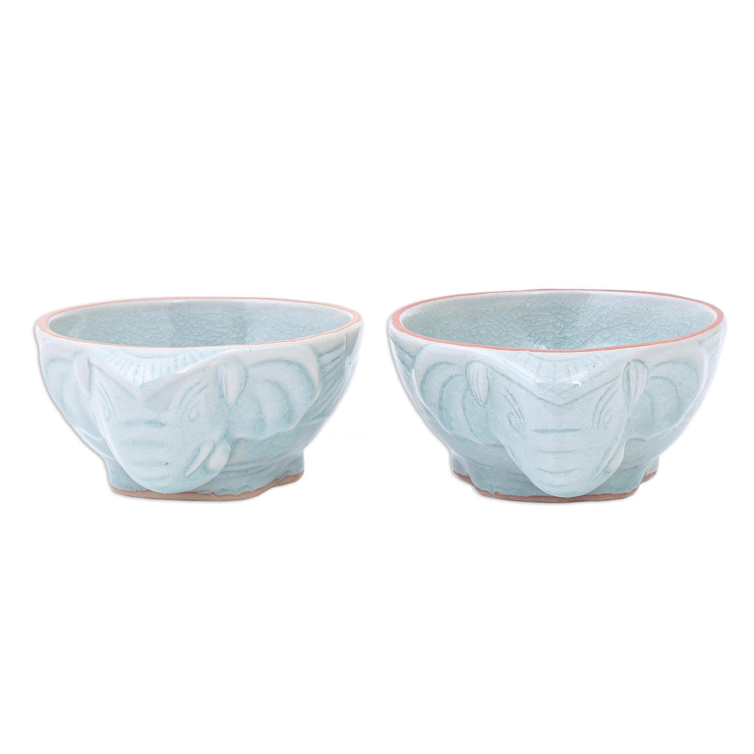 Aqua Elephant Motif Celadon Bowls (Pair) - Elephant Companion in Aqua