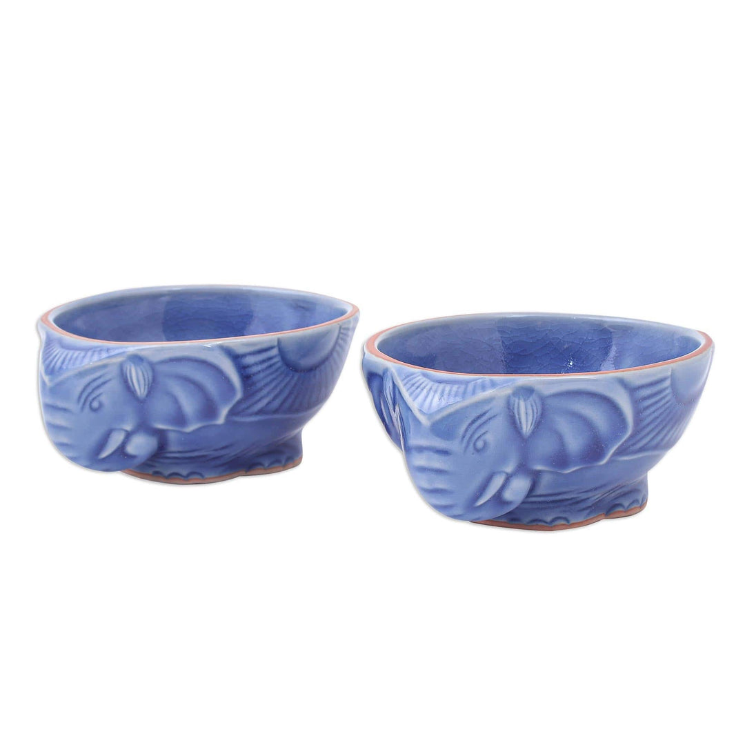 Blue Celadon Elephant Bowls (Pair) - Elephant Companion in Blue