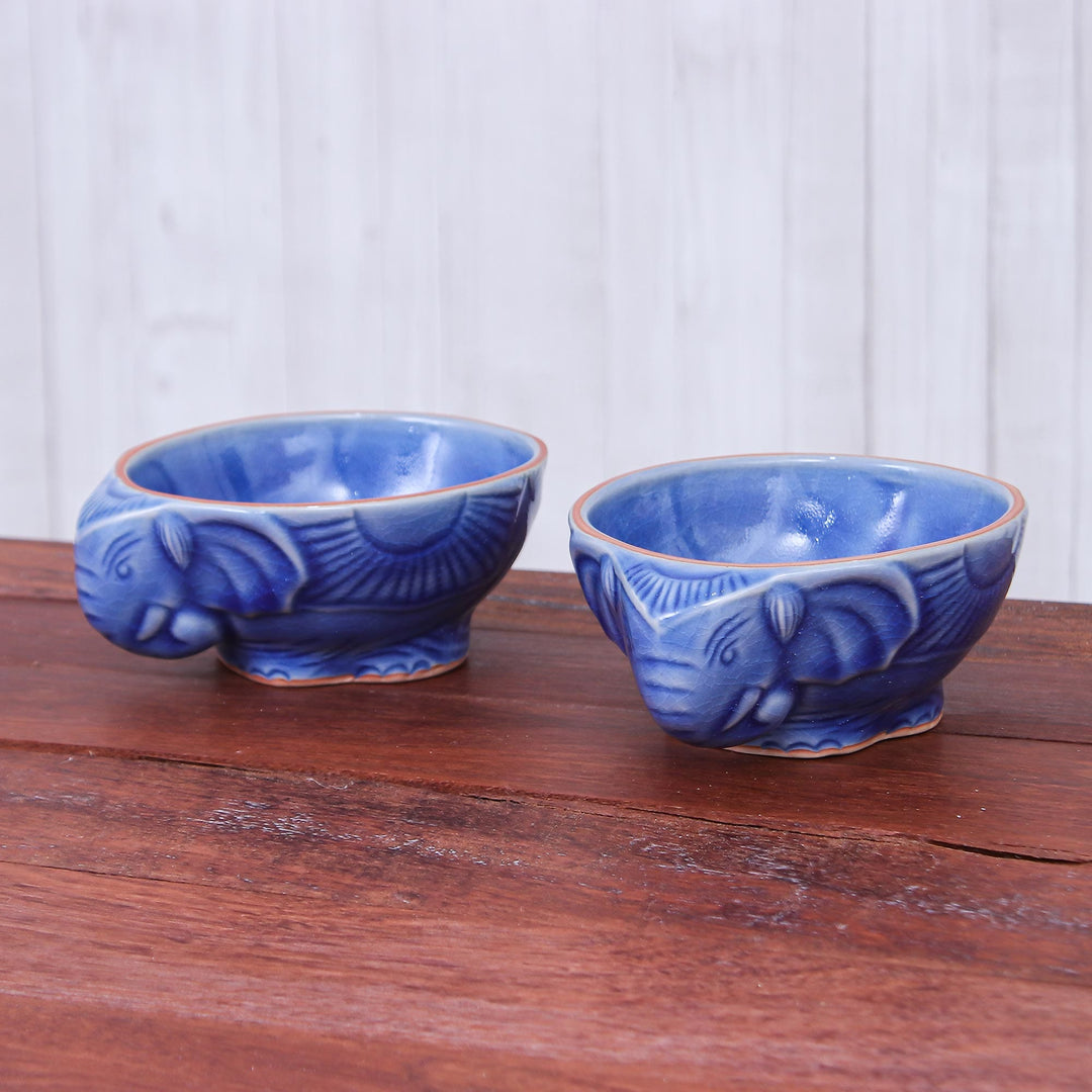 Blue Celadon Elephant Bowls (Pair) - Elephant Companion in Blue