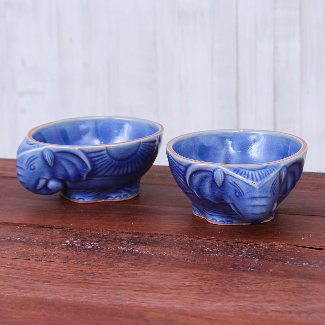 Blue Celadon Elephant Bowls (Pair) - Elephant Companion in Blue