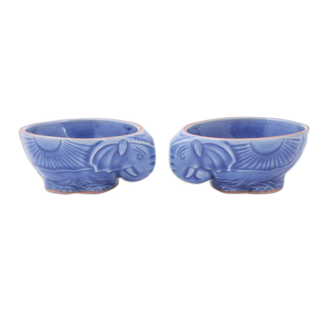 Blue Celadon Elephant Bowls (Pair) - Elephant Companion in Blue