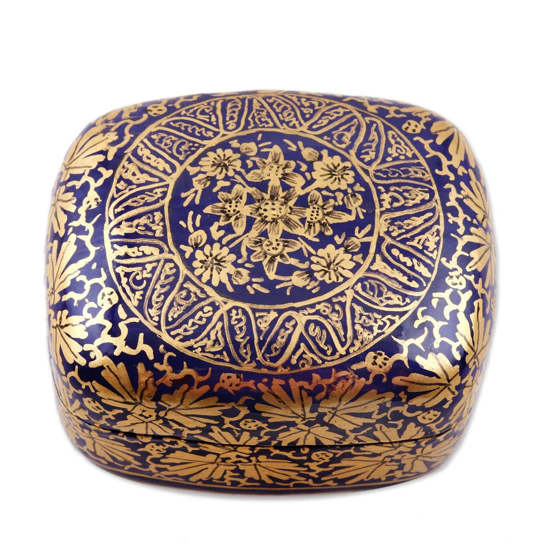 Handmade Blue Papier Mache Golden Floral Decorative Box - Blue Golden Bouquet