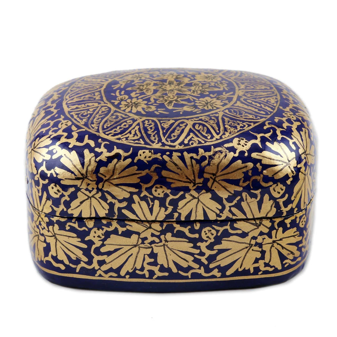 Handmade Blue Papier Mache Golden Floral Decorative Box - Blue Golden Bouquet