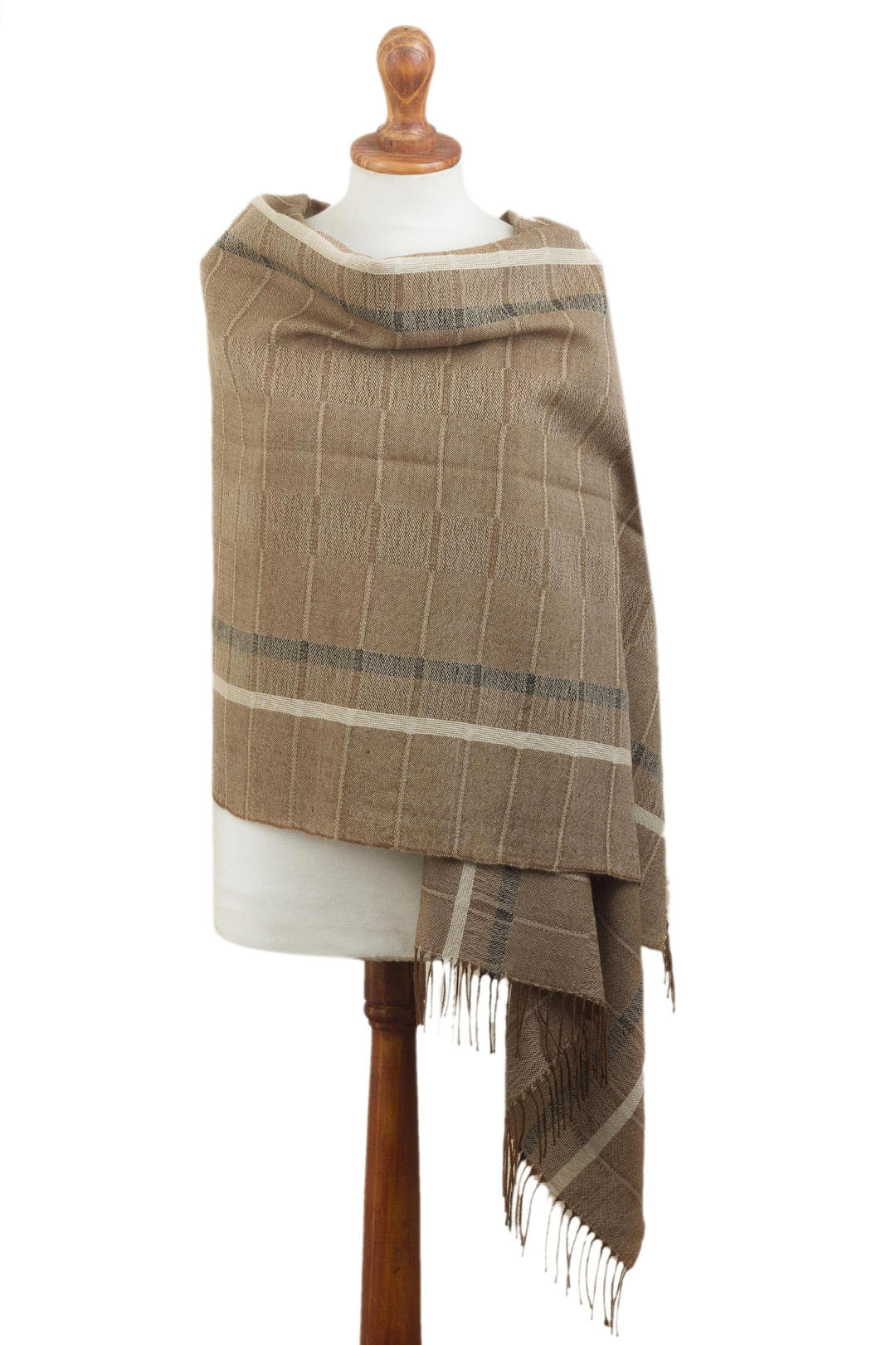 Handwoven Patterned Sepia Brown Baby Alpaca Shawl - Sepia Windowpanes