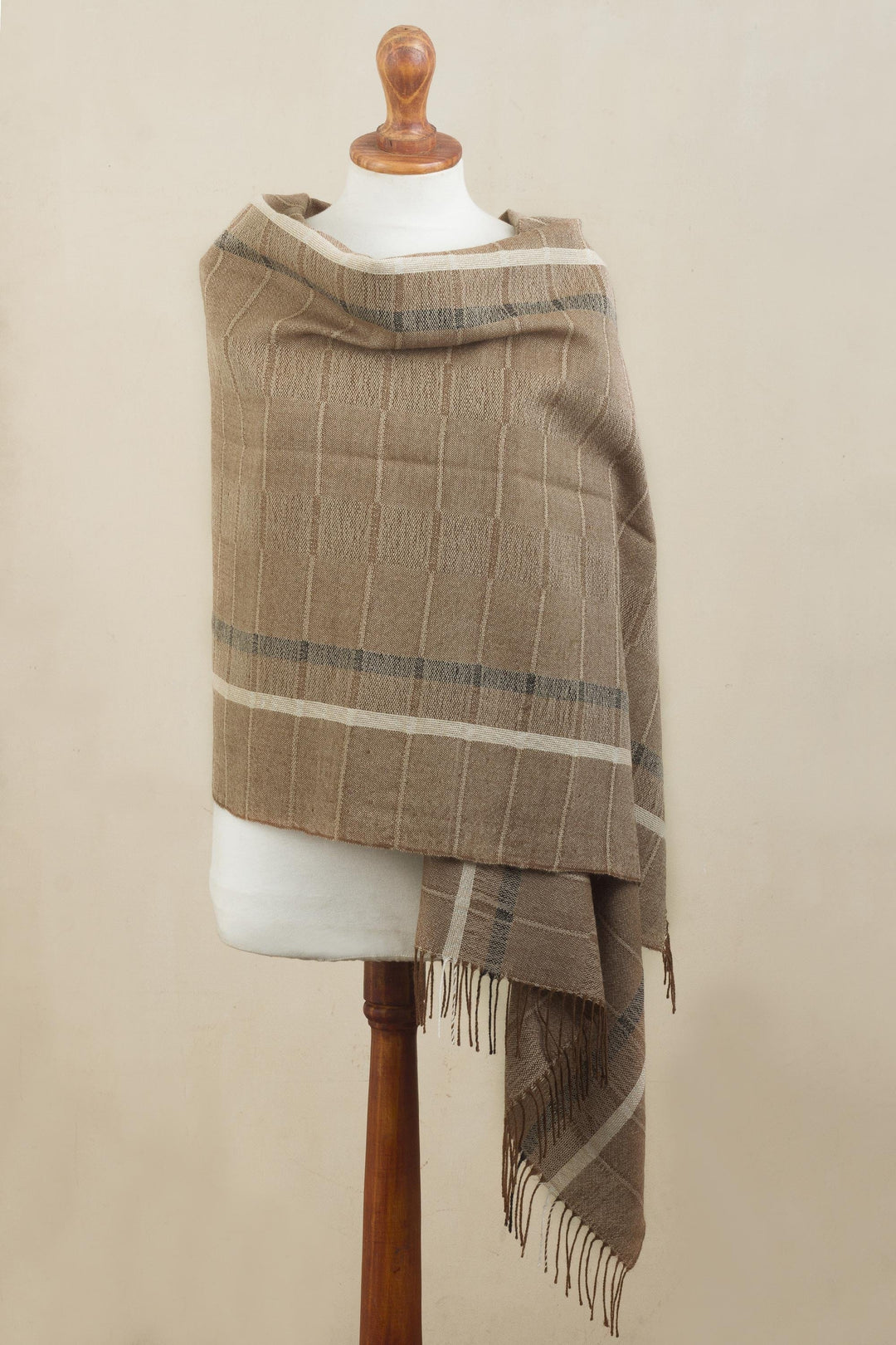 Handwoven Patterned Sepia Brown Baby Alpaca Shawl - Sepia Windowpanes
