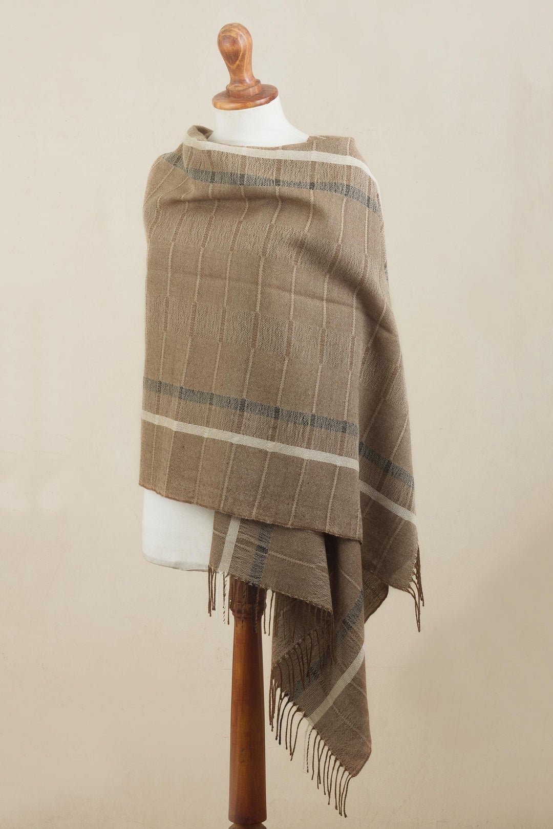 Handwoven Patterned Sepia Brown Baby Alpaca Shawl - Sepia Windowpanes