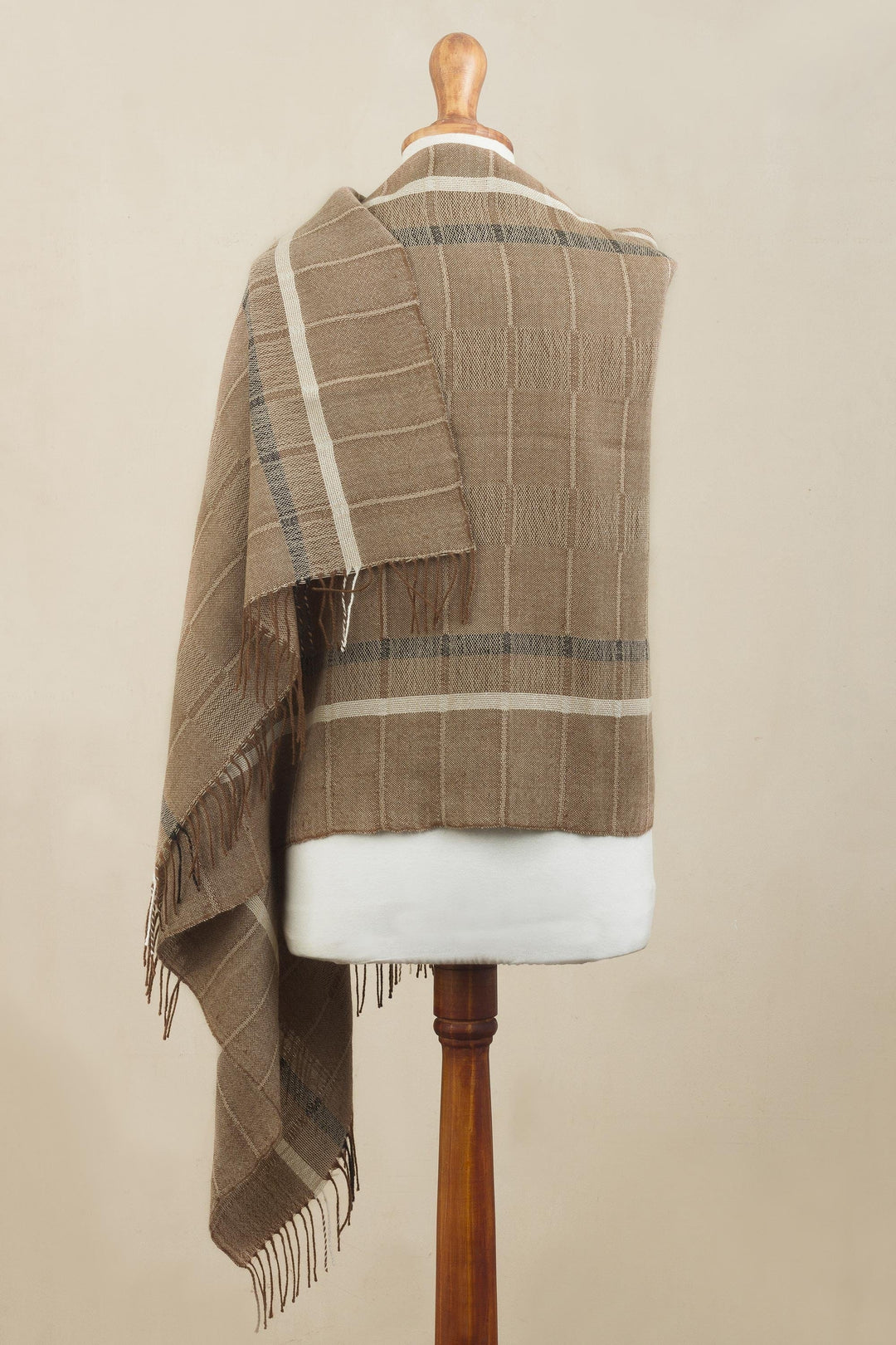 Handwoven Patterned Sepia Brown Baby Alpaca Shawl - Sepia Windowpanes